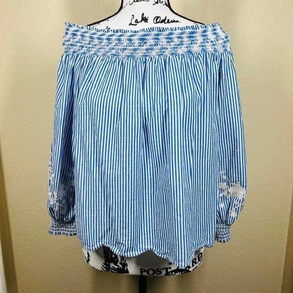 Soprano blue striped top off the shoulder long sleeve blouse size M - Picture 5 of 15